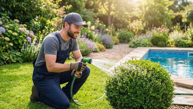 a smiling caucasian male gardener in dark blue overalls watering a green round boxwood shrub with a hose professional backyard garden maintenance near a swimming pool on a sunny summer photo